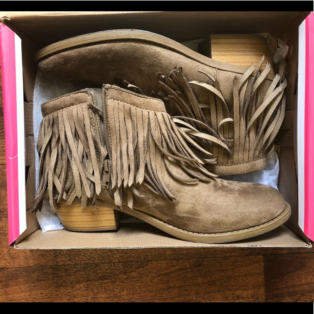 Tan fringe booties size 10